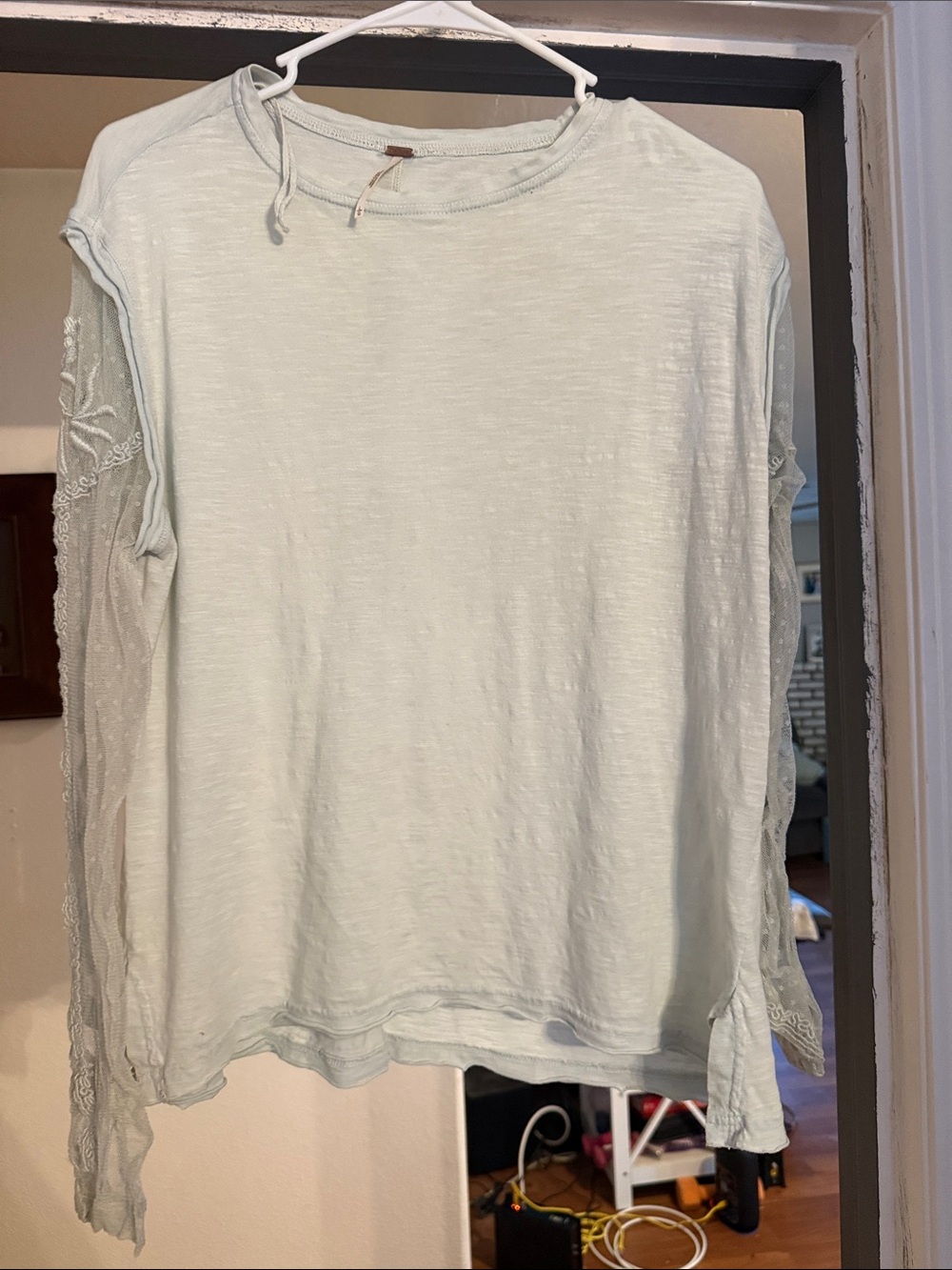 Free People Pale Mint Lace-Sleeve Long Sleeve Tee
